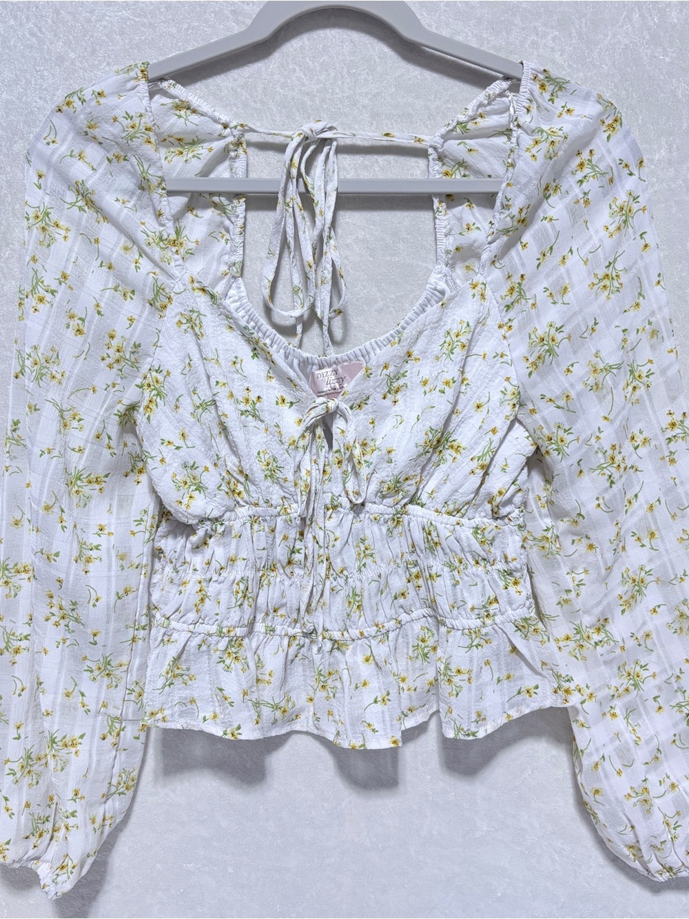 DIZZY LIZZY Floral Tie Back Peplum Blouse White with Yellow Floral Womens Large